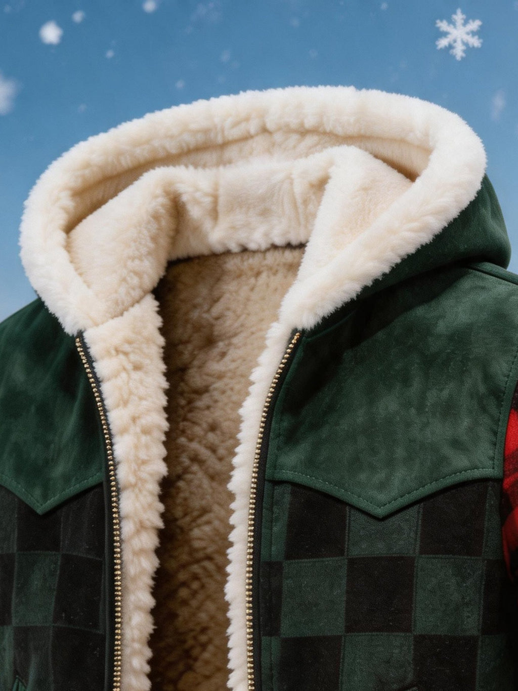 Men’s Christmas-Themed Color-Block Plaid Hooded Jacket with Fleece Lining
