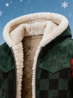 Men’s Christmas-Themed Color-Block Plaid Hooded Jacket with Fleece Lining