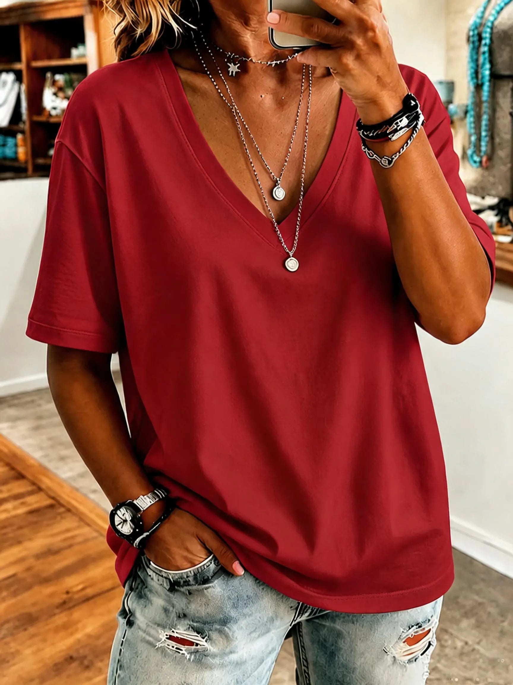 Women'S Short-Sleeved Solid Color V-Neck T-Shirt