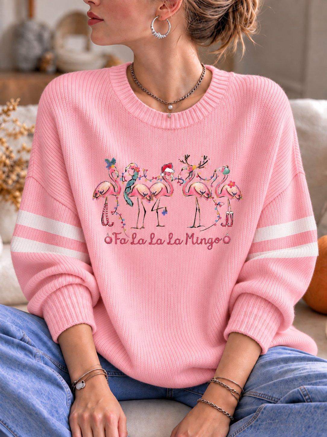 Women's Christmas Pink Flamingo Print Casual Knit Top