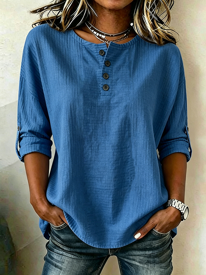 Women'S Casual Cotton And Linen 9-Quarter Sleeved Button Up Top