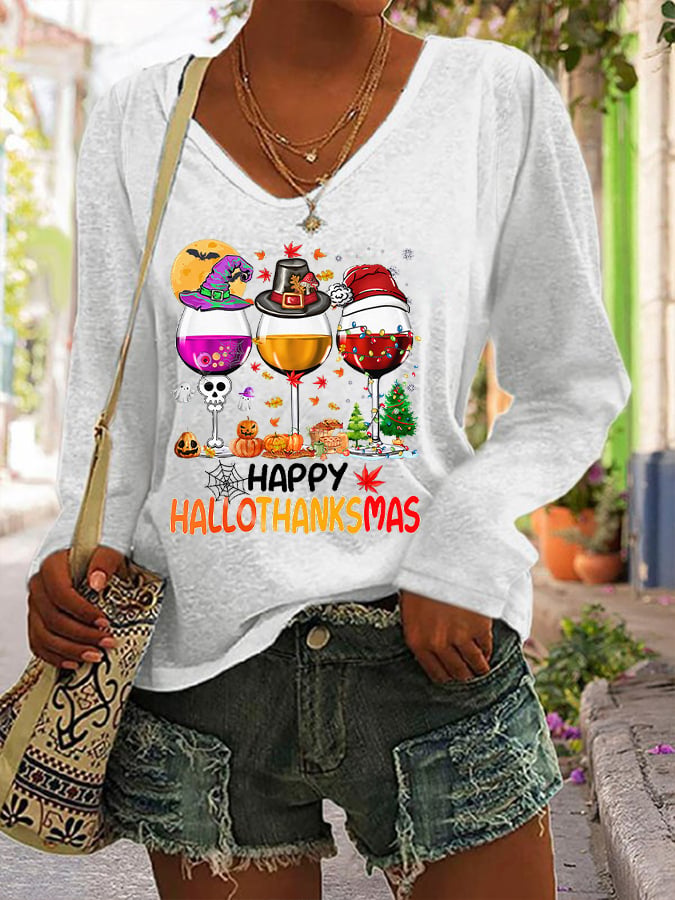 Women's Happy Hallothanksmas Wine Print Long Sleeve V-Neck T-Shirt