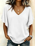 Women Plain Short Sleeve Tee T-shirt V Neck Casual Summer Top