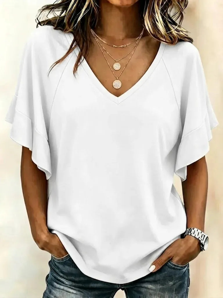 Women Plain Short Sleeve Tee T-shirt V Neck Casual Summer Top