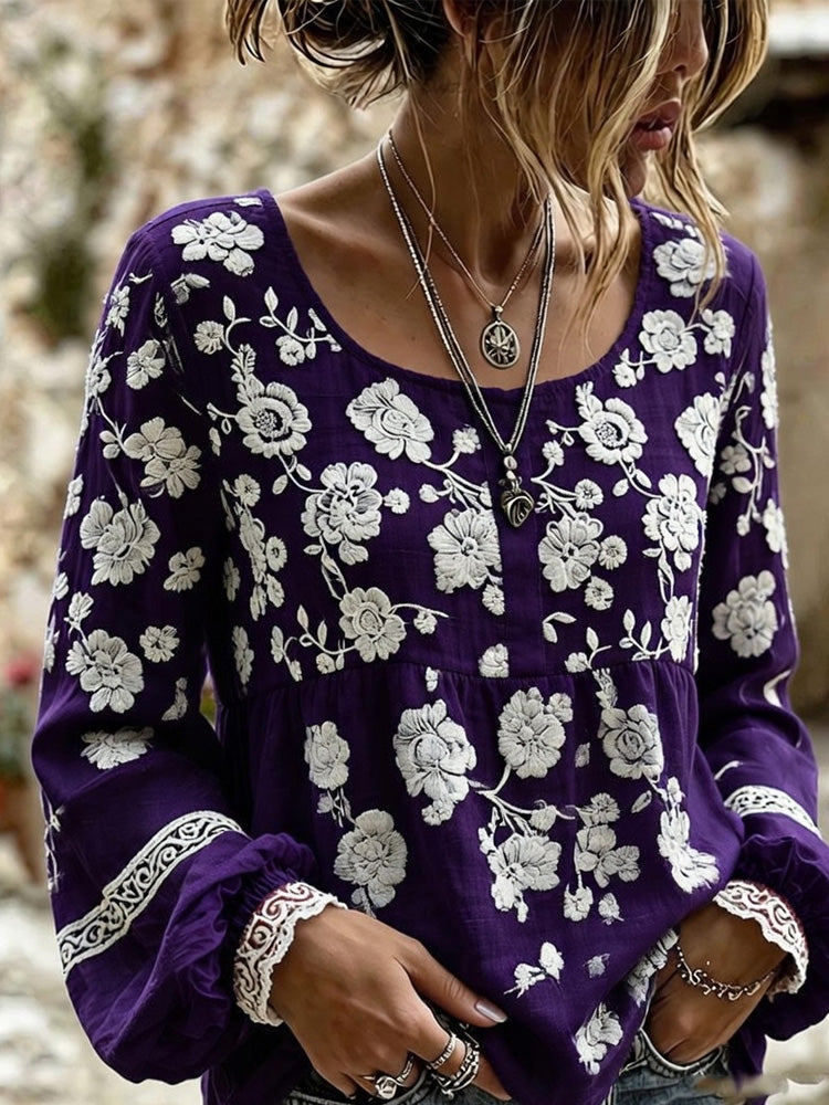 Women's Retro Bohemian Style Plant Embroidered Printed T-shirt