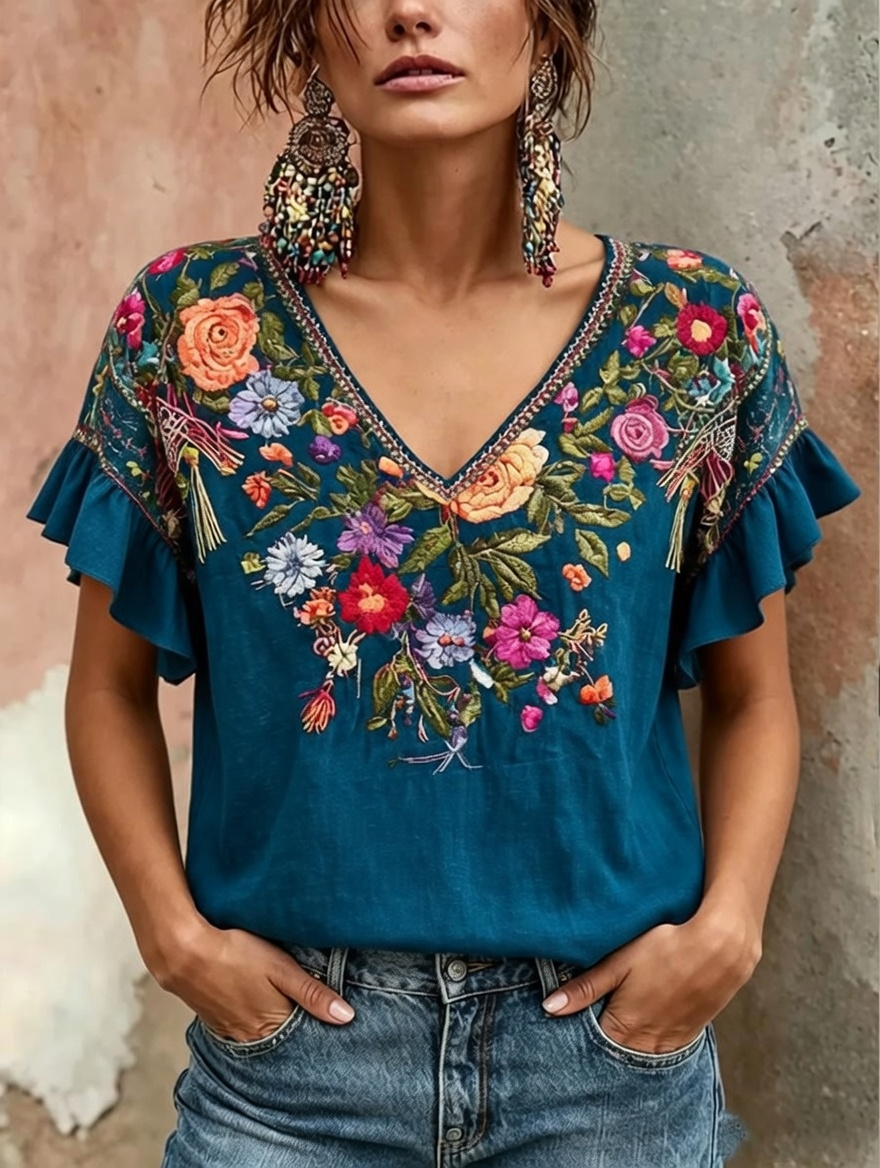 Women's Floral Print linen short-sleeved T-shirt