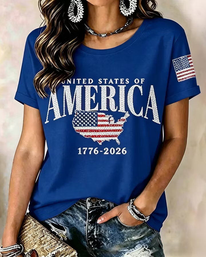 American Independence Day Map Stamp Print Crew Neck Short Sleeve Tshirt