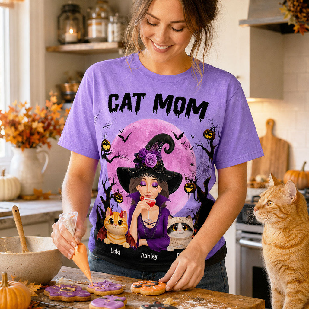 Halloween Theme Spooky Cat Mom Witch - Personalized Shirt - Halloween Gift For Cat Lovers