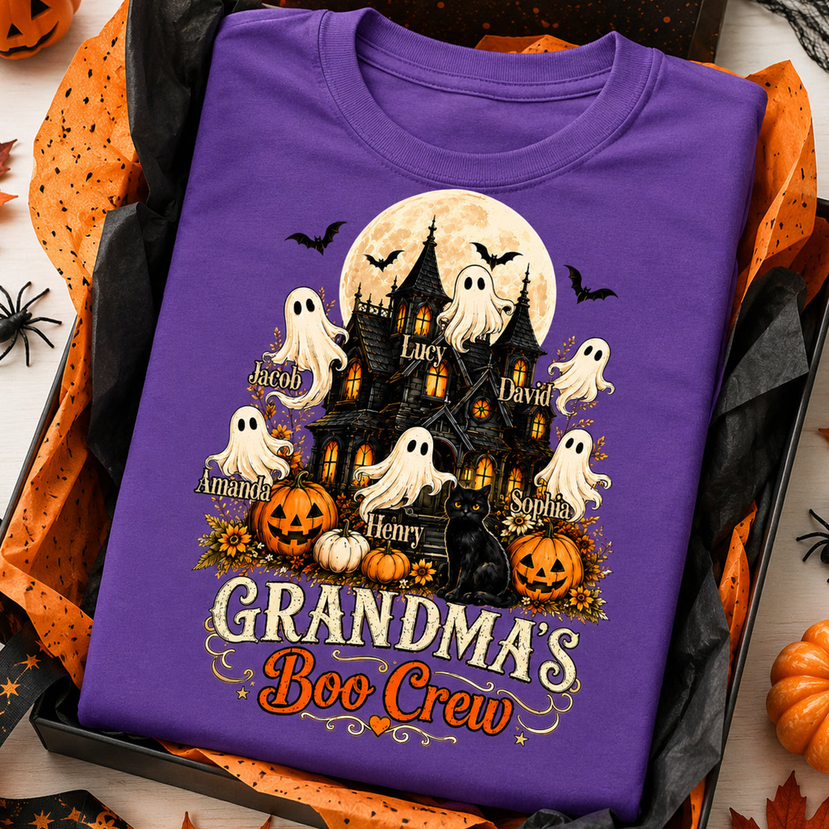 Grandma's Boo Crew Halloween Haunted House - Personalized Light Color Shirt - Gift for Grandma