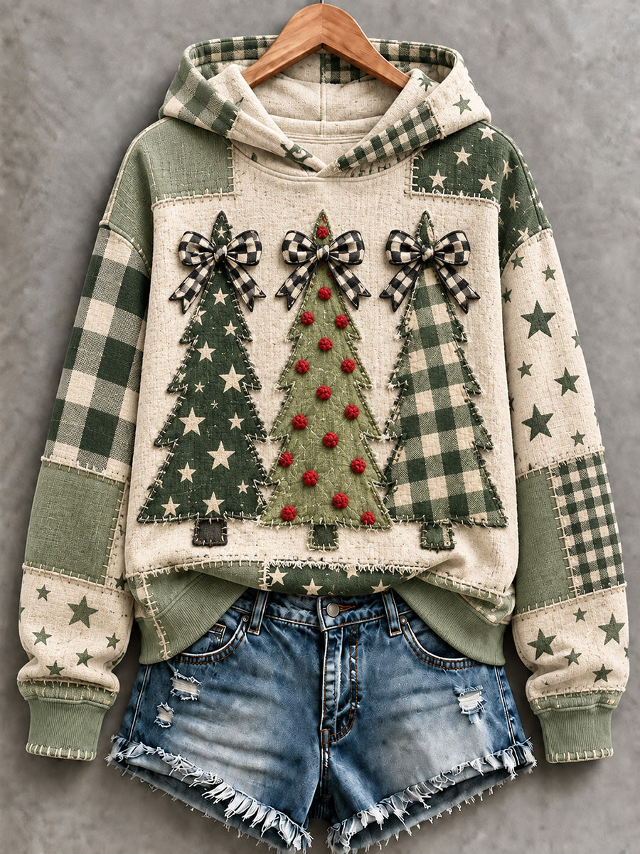 Vintage Green Buffalo Plaid Three Christmas Trees Patchwork Hoodie