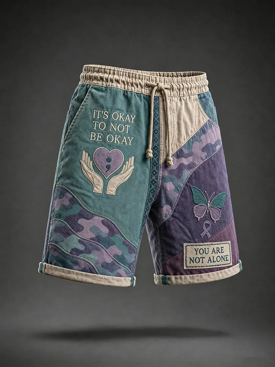 Men’s “It’s Okay to Not Be Okay” Mental Health Camo Patchwork Drawstring Shorts