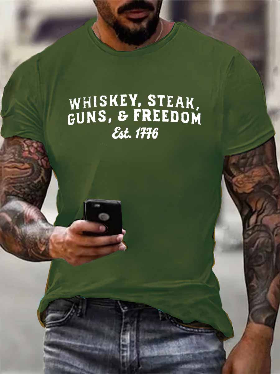 Whiskey Steak Guns And Freedom Print 100% Cotton T-Shirt