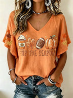 Women Maple Leaf Short Sleeve Tee T-shirt V Neck Casual Summer Top