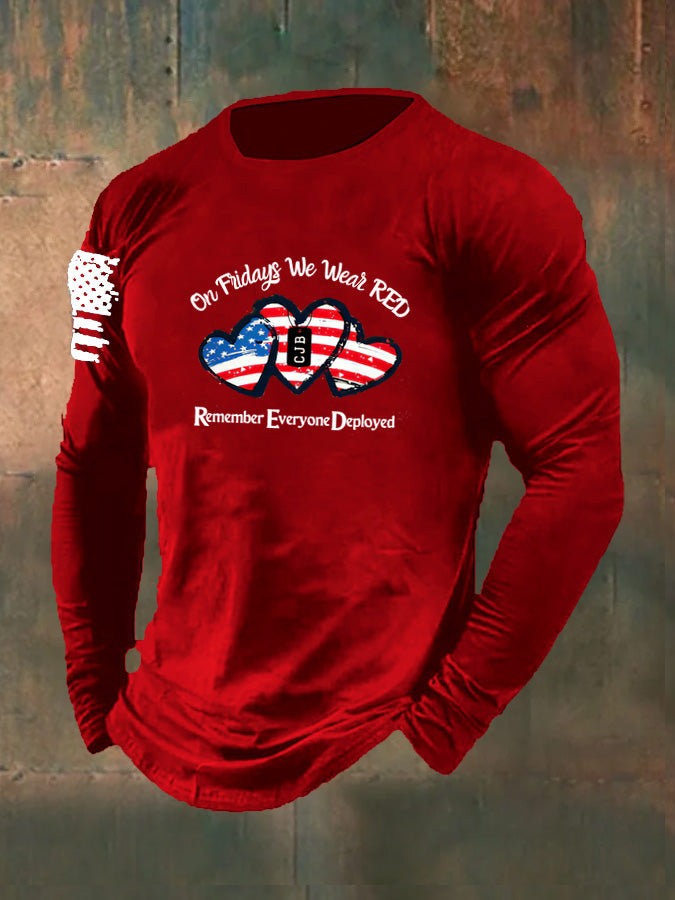 Men's On Fridays We Wear Red Pattern Long Sleeve 100% Cotton T-Shirt