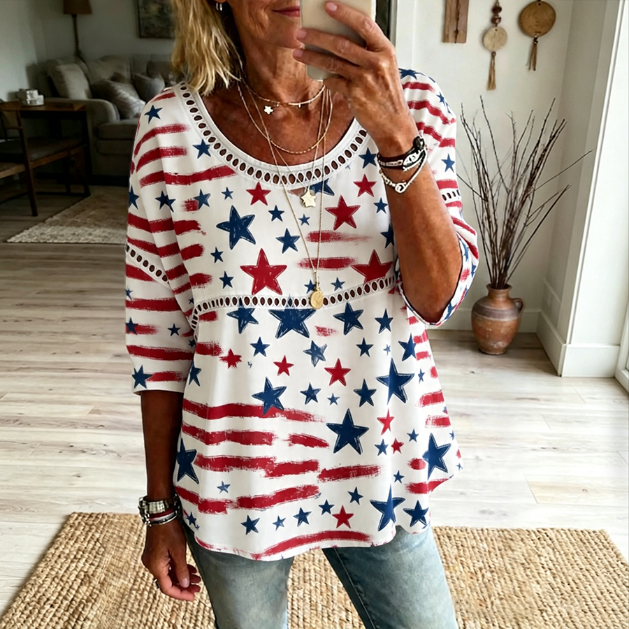 Women's Casual Cotton And Linen Pentagram Printed Top