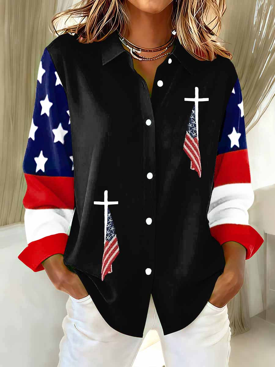 Women's US Flag And Cross Printed Casual Long Sleeve Shirt