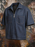 Men's Striped Denim Dual Pocket Half Zip Polo Shirt, Casual Lapel Collar Short Sleeve Loose Workwear Streetwear Top