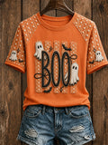 Women's Halloween BOO Spooky Striped Ghost Short Sleeve T-shirt