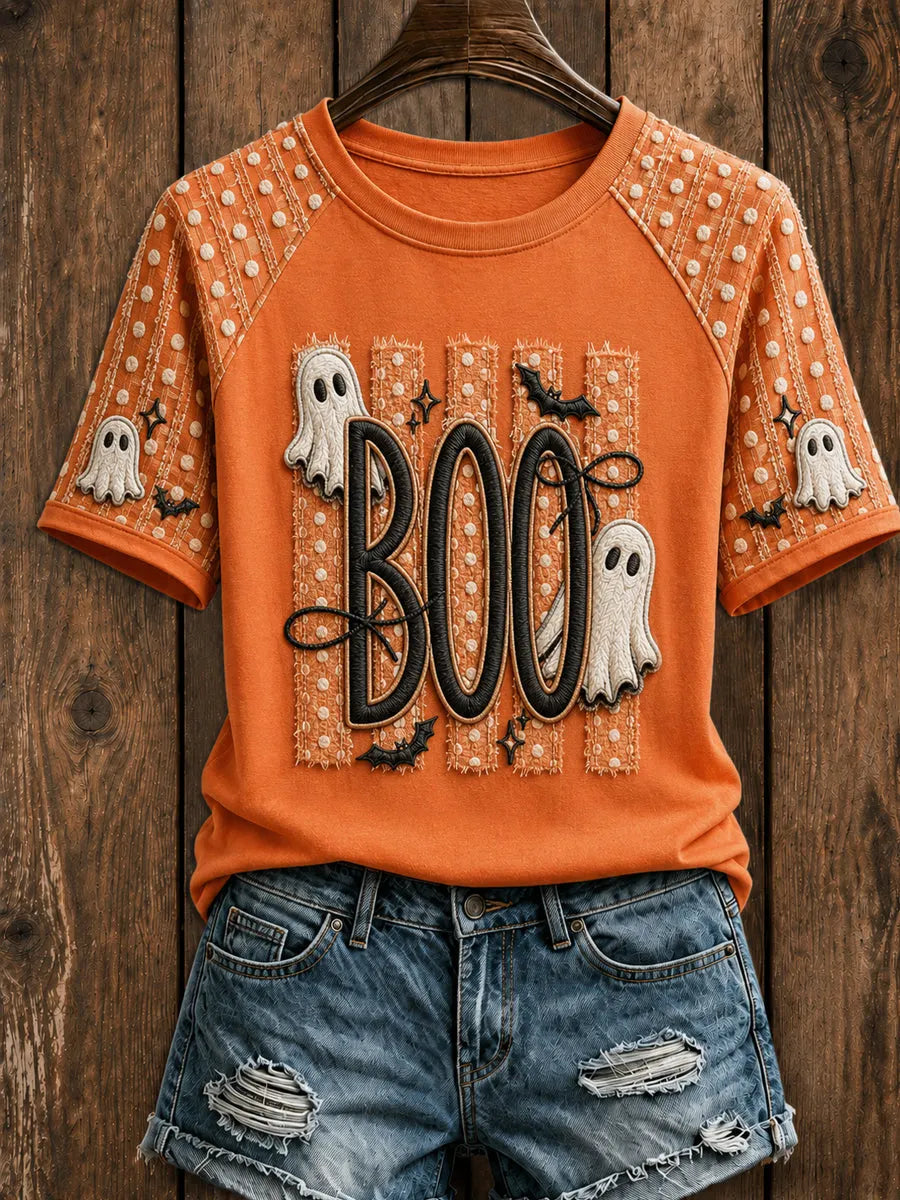 Women's Halloween BOO Spooky Striped Ghost Short Sleeve T-shirt