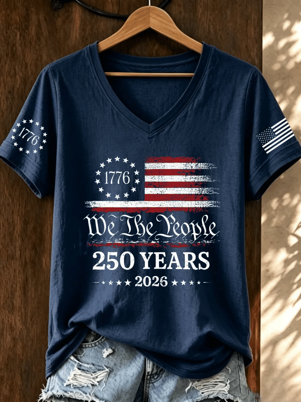 Women's Retro America Flag  Print T-shirt