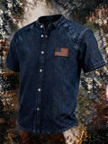 Men's Vintage Washed Denim Stand Collar Shirt, American Flag Patch Short Sleeve Button Down Casual Western Top