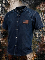 Men's Vintage Washed Denim Stand Collar Shirt, American Flag Patch Short Sleeve Button Down Casual Western Top