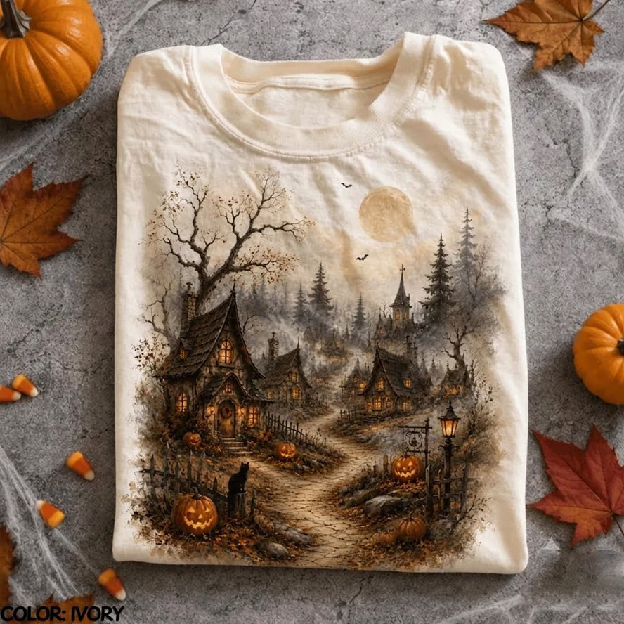 Cozy Haunted Village Halloween T-shirt