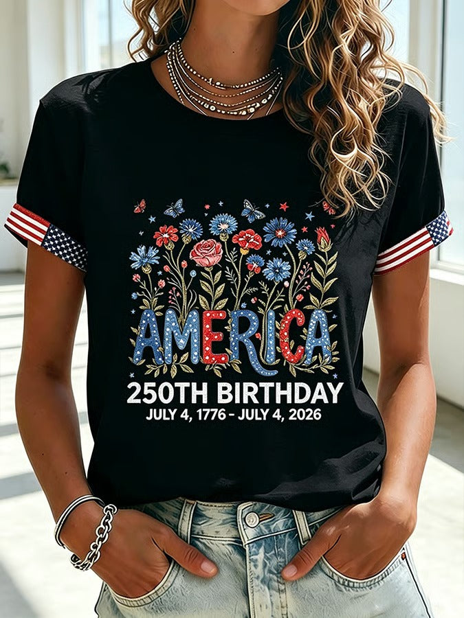 Women's 250 Years Of Freedom Flower Art Print T-shirt