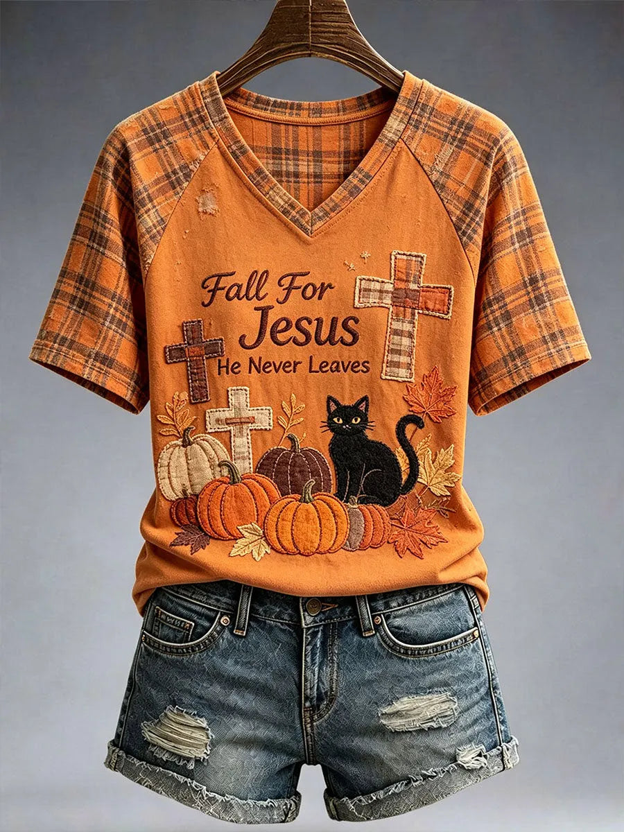 Women's Fall For Jesus He Never Leaves T-shirt
