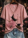 Women's Pink Witch-Themed Print Casual T-Shirt