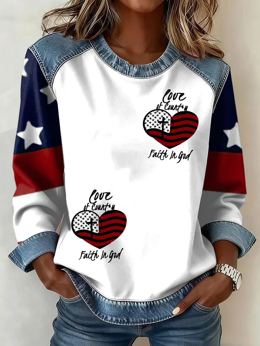 Love Of Country Faith In God Print Patchwork Sweatshirt