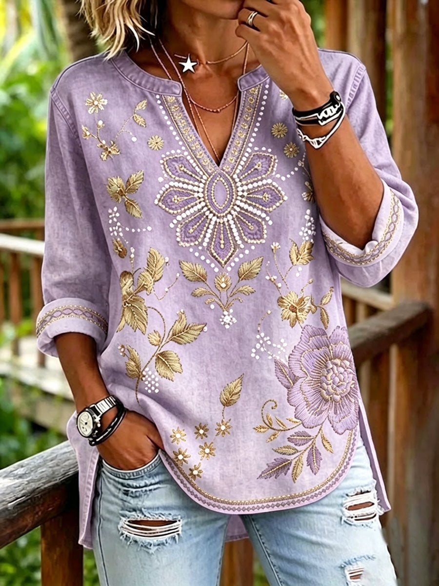 Women'S Vintage Floral Print Casual V-Neck Shirt