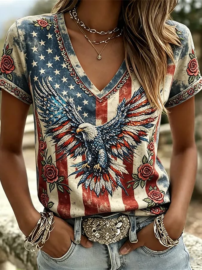 Women's Casual American 250th Anniversary V-neck Printed Short-Sleeve T-Shirt