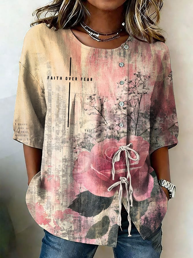 Women's Faith Over Fear Cross Floral Print Casual Shirt