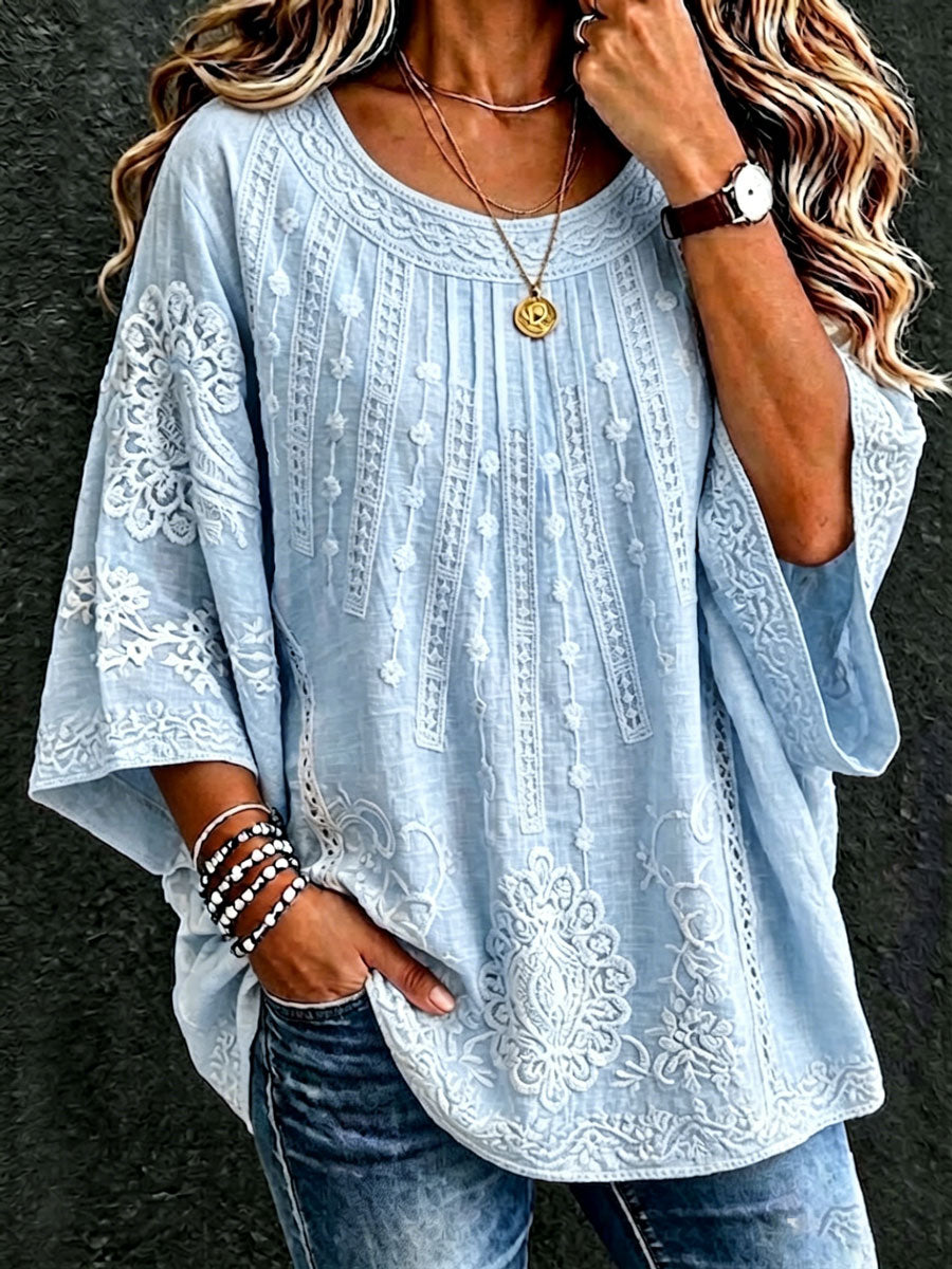 Women's Cotton And Linen Floral Casual Vacation Top