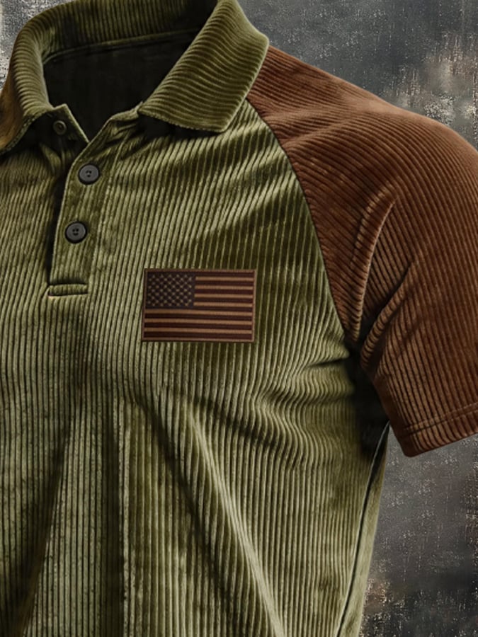 Men's Retro Corduroy Color-Block Polo Shirt