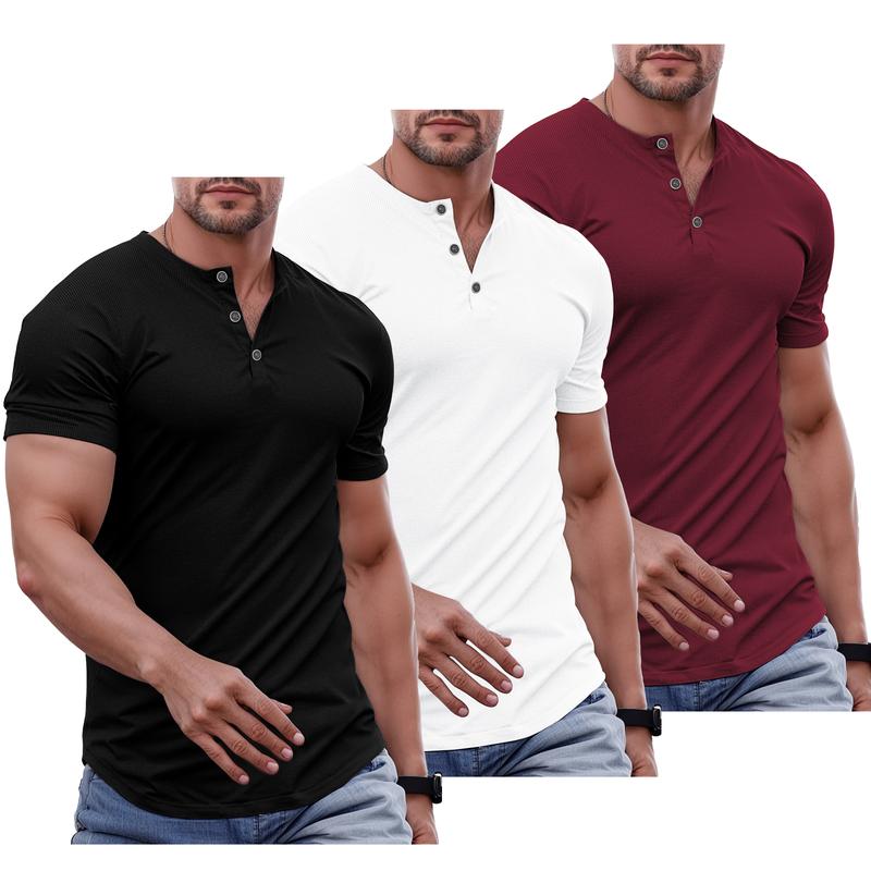 Men's Plain Muscle Slim Fitted Henley Shirts Crewneck T-Shirt