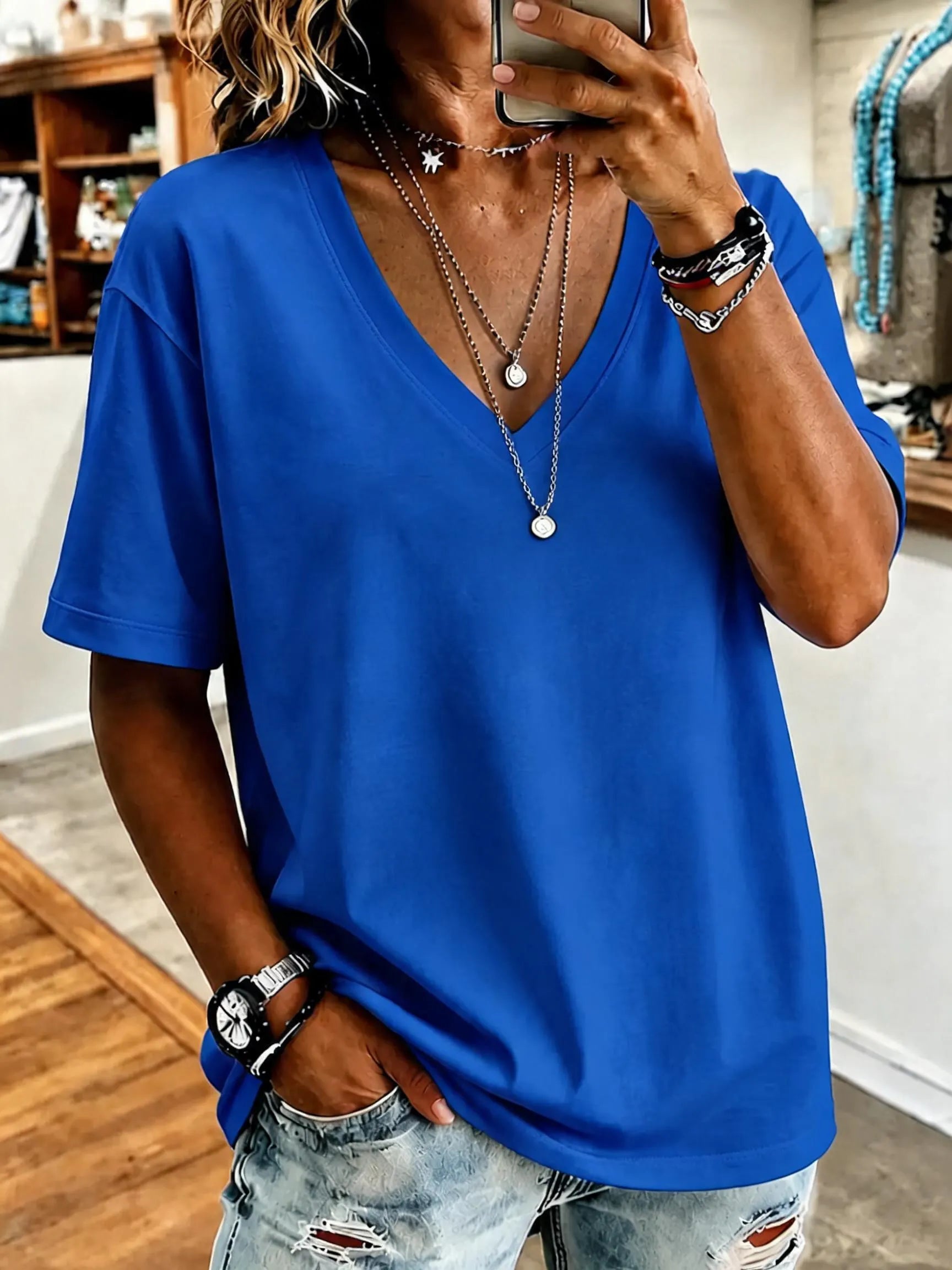 Women'S Short-Sleeved Solid Color V-Neck T-Shirt