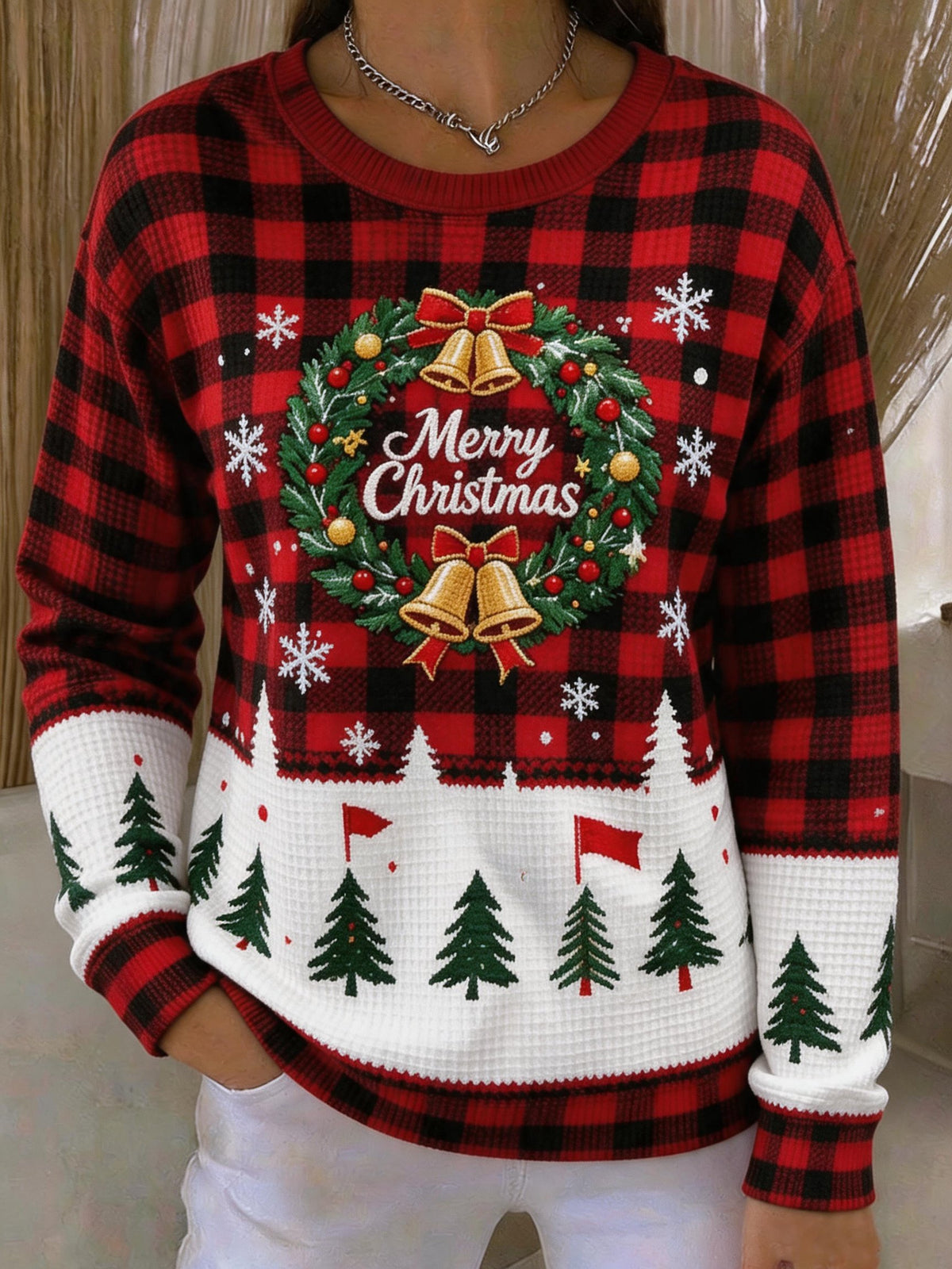 Women's Casual Waffle-Knit Printed Top and Pants Set