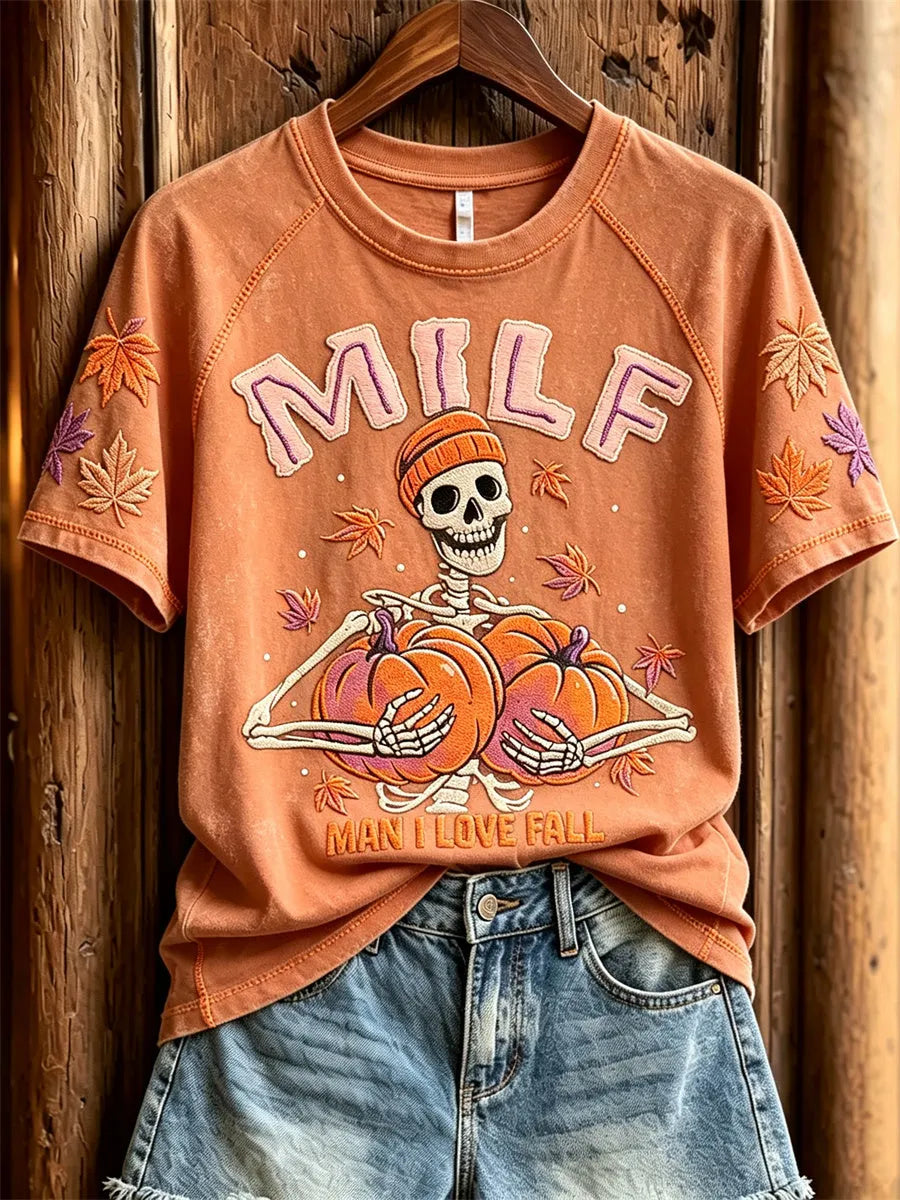 Women's MILF Man I Love Fall Pumpkins & Skeleton Print short sleeve T-shirt