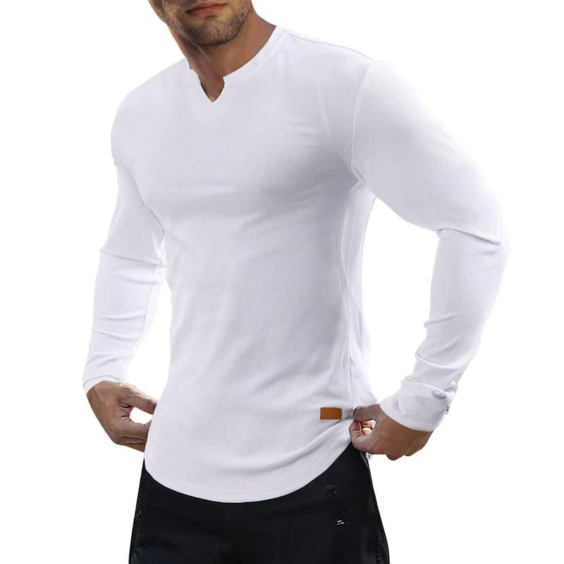 Men's Plain Casual Muscle Shirts for Men Slim Fitted T Shirt V-Neck Longline Ribbed Tees Shirts Long Sleeve Gym Workout Athletic Menswear Tops