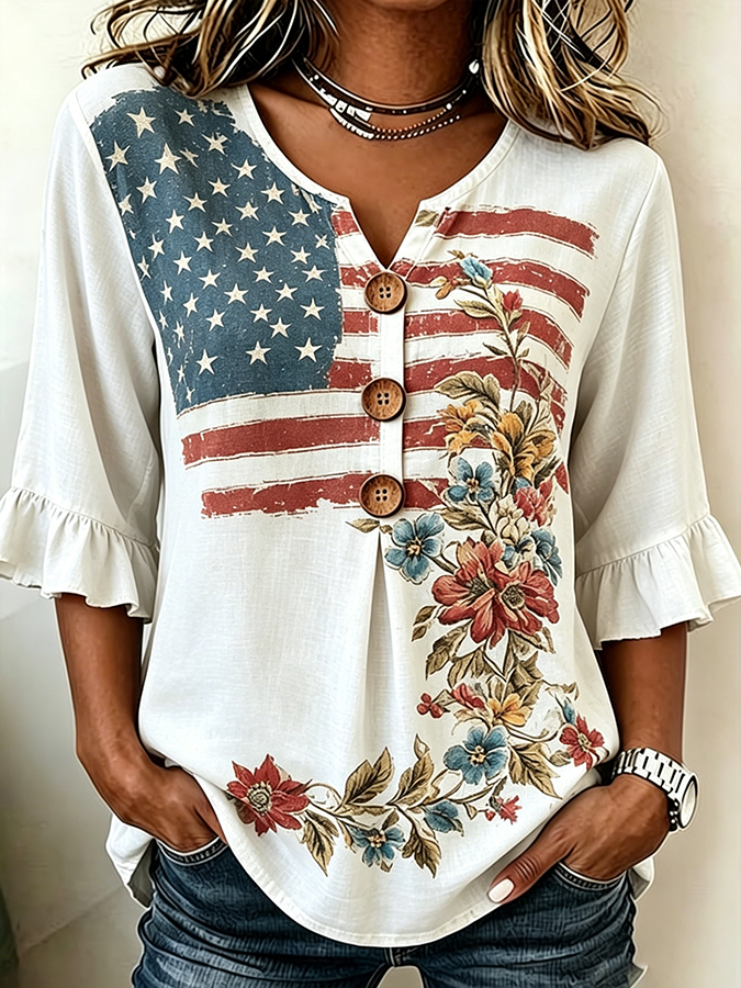 Women's Casual Patriotic 250th Anniversary Cotton Linen Shirt