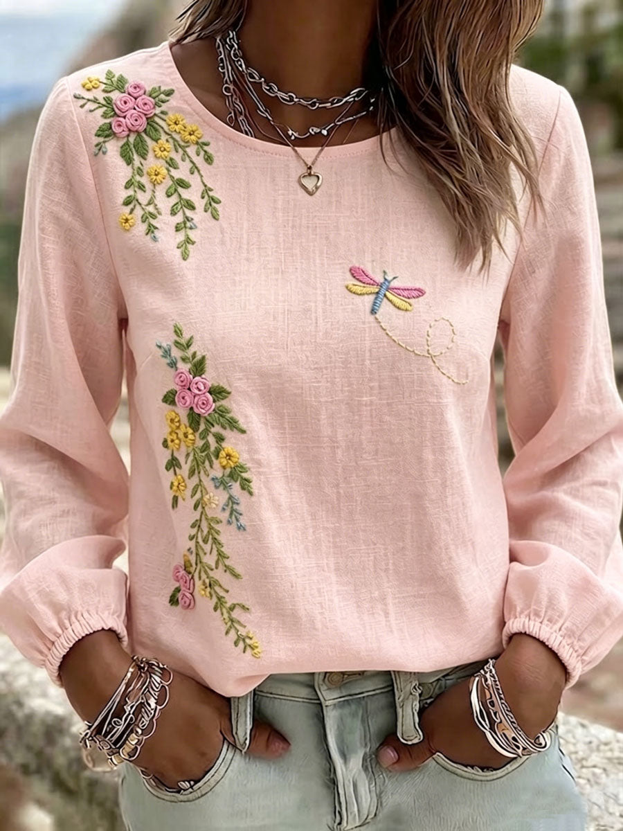 Women'S Casual Floral Print Cotton Linen Top