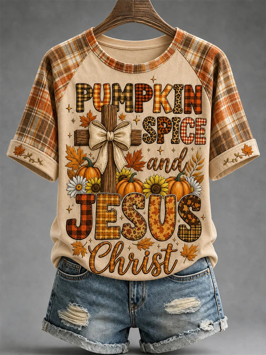 Women's Pumpkin Spice And Jesus Christ Print Casual Tee