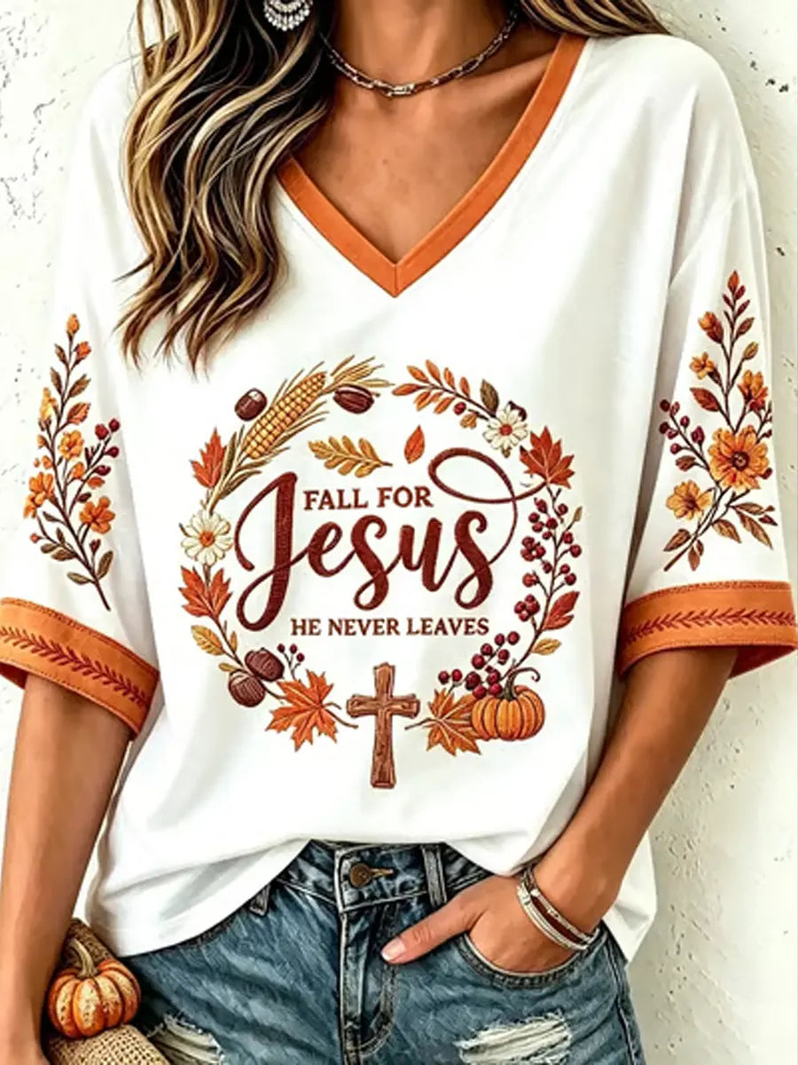 Women's Fall Casual Faith Graphic Print Mid-length Sleeves V-Neck T-Shirt