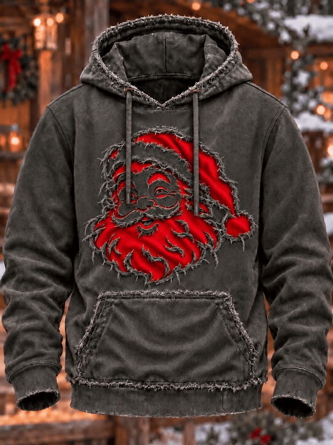 Herren-Hoodie „Vintage Santa Claus“ in Dunkelgrau mit Used-Look-Grafik