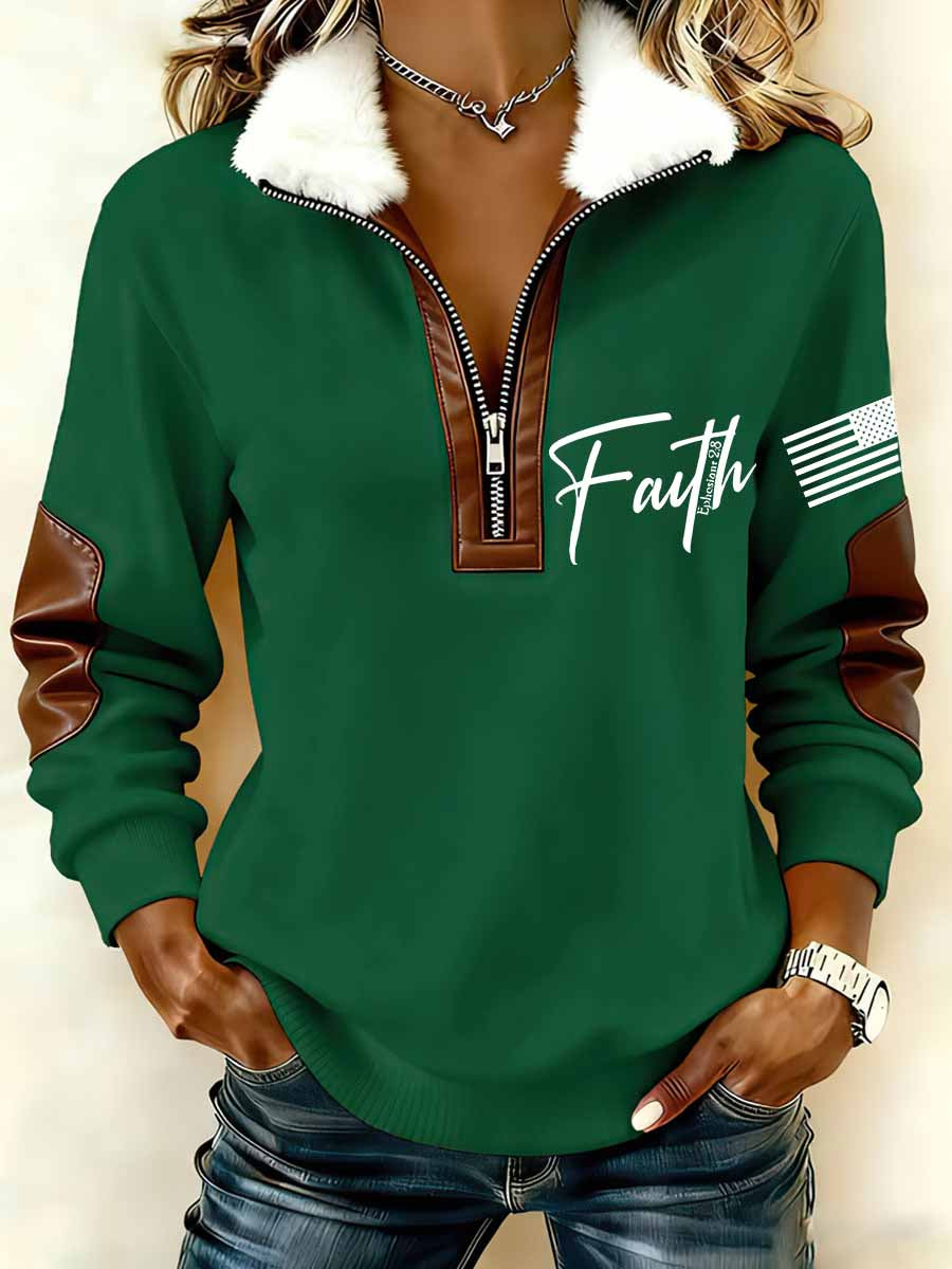 Women`s Faith In USA Print Patchwork Fur Collar Long-Sleeve Sweatshirt