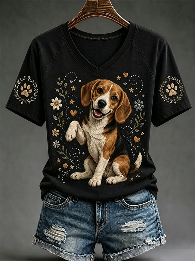 Women's Retro Dog Art Print  T-Shirt