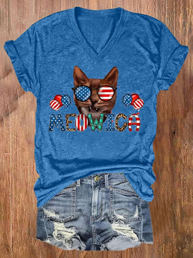Women's Independence Day Cat Patriotic Vintage Print T-Shirt