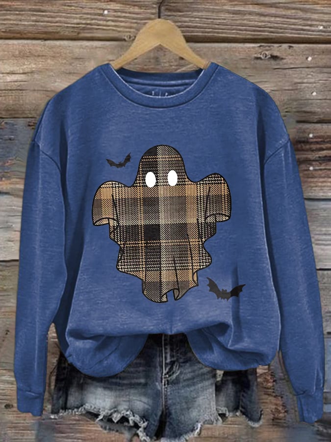 🔥Buy 2 Get 10% Off🔥Retro Halloween Ghost & Bats Flannel Plaid Print Sweatshirt
